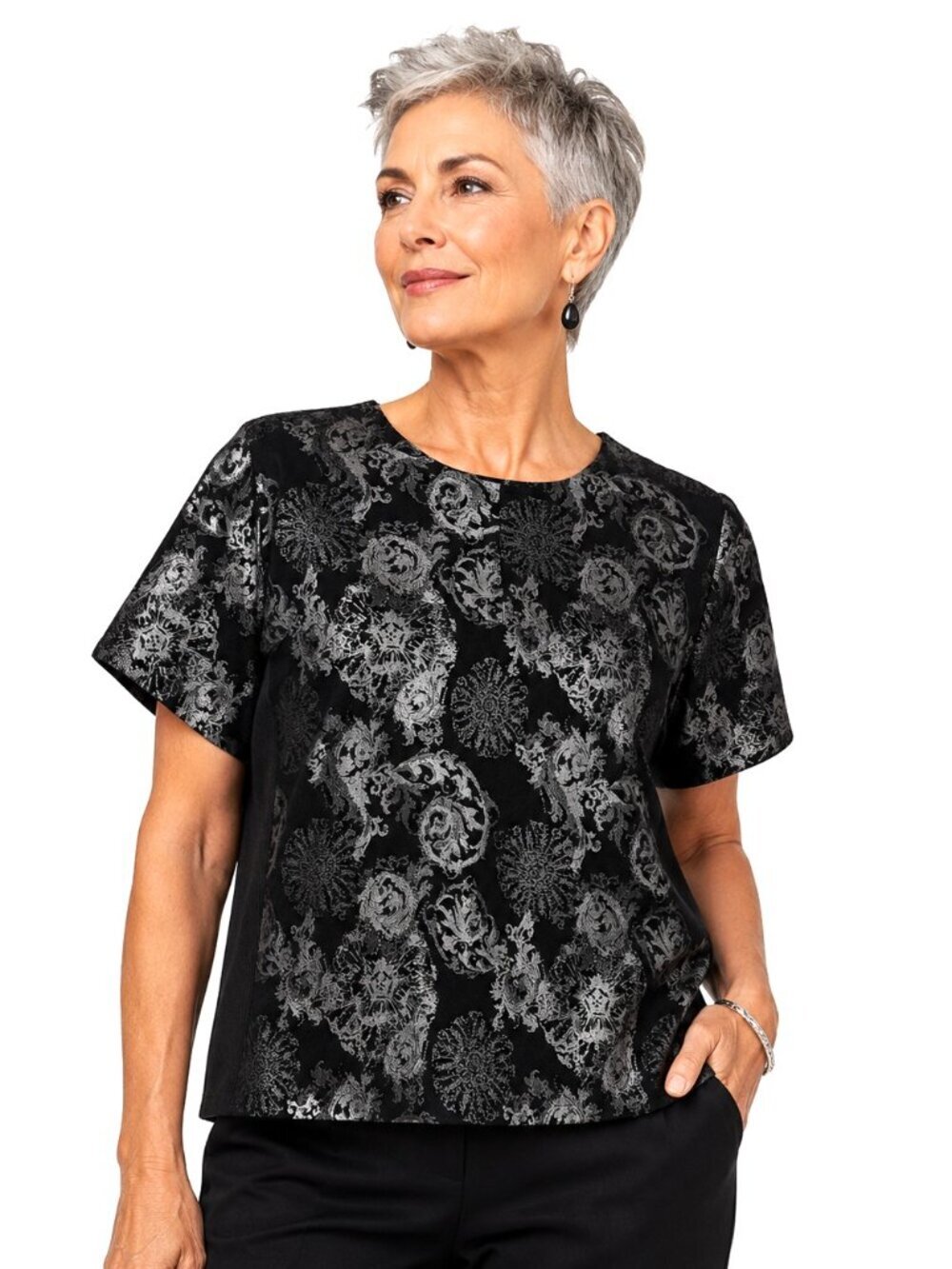 Paniz Black Silver Brocade Print Short Sleeve Top
